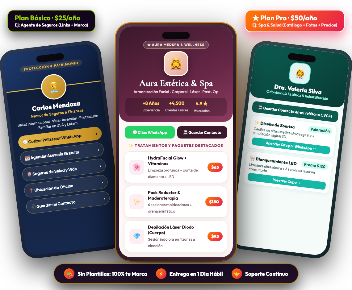 Ejemplos de Tarjetas Digitales My Business Link: Agente de Seguros, Spa Estética y Odontología