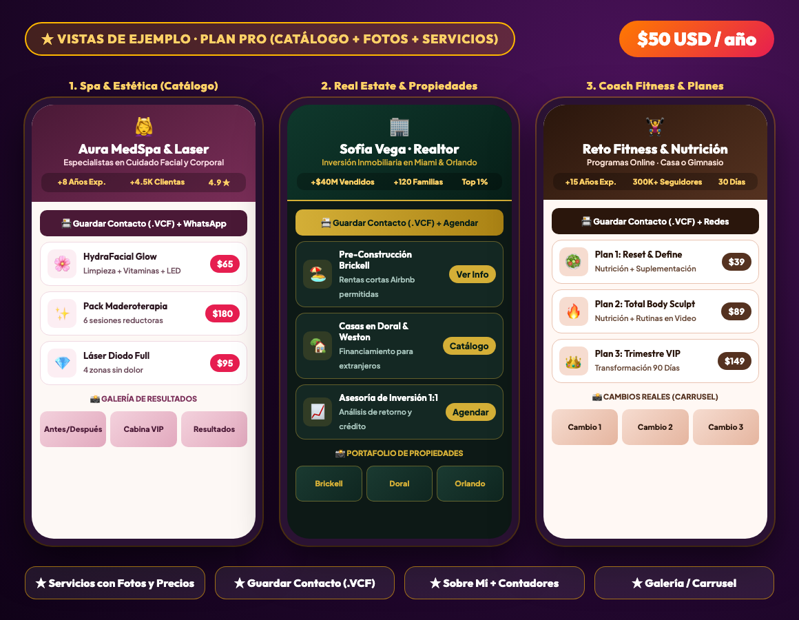 Vistas de ejemplo Plan Pro $50 al año: Spa y Estética, Real Estate y Coach Fitness